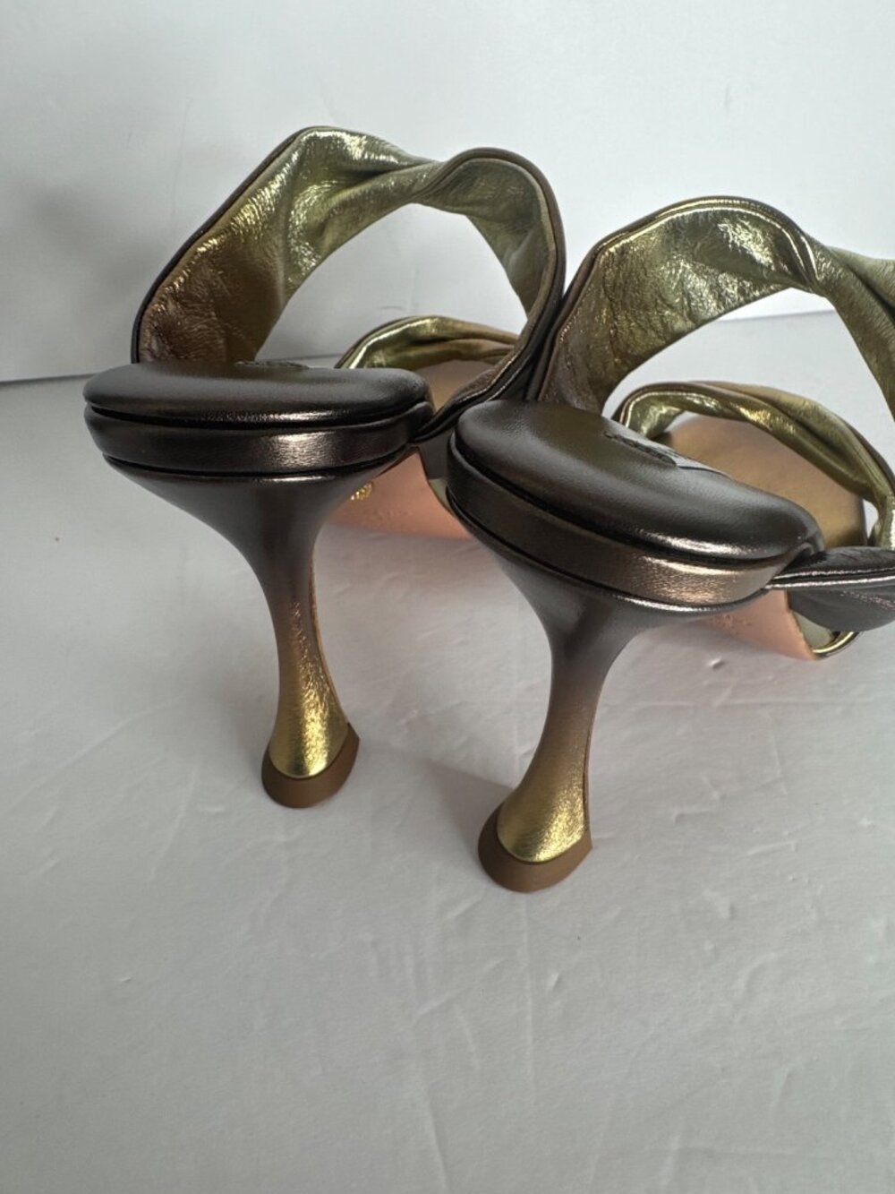 NIB Aquazzura Twist Sandal 95 in Gold Chocolate Flared Heel Size EU 37 - Picture 8 of 10